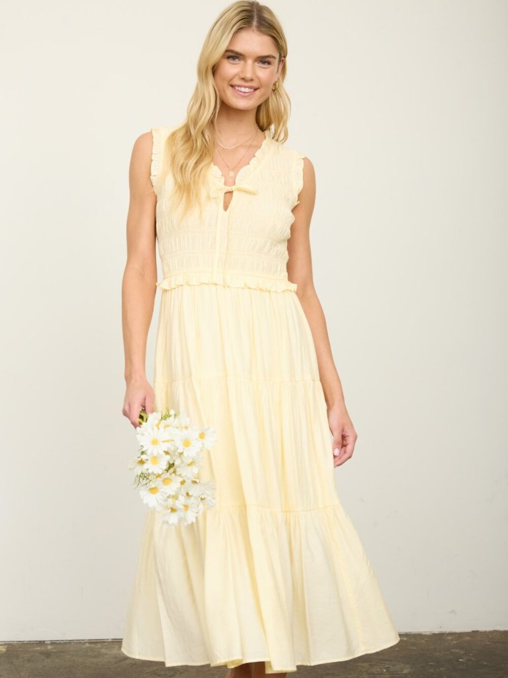 Smocked Front Tie Ruffle Detail Tiered Midi Dress